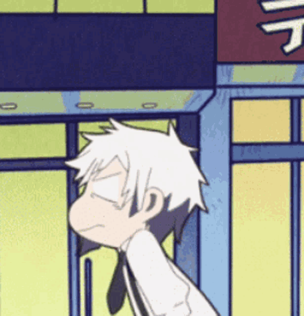 a cartoon character with white hair is standing in front of a store