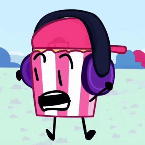 a pink and white striped popcorn box wearing headphones and a hat