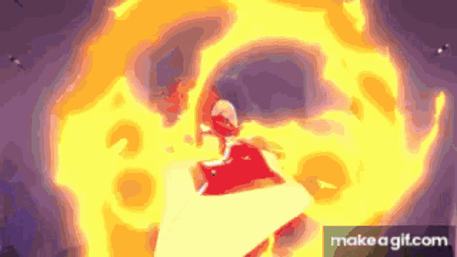 a cartoon character is standing in front of a large fire .