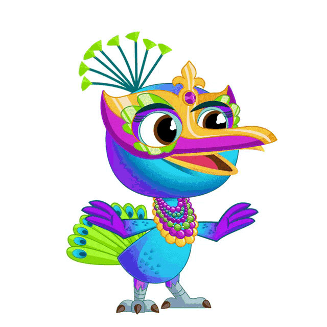 a cartoon peacock wearing a mask and a necklace of beads