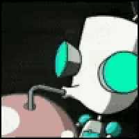 a cartoon character is standing next to a pink object .