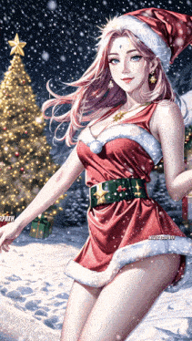 a woman in a santa outfit is standing in front of a christmas tree in the snow
