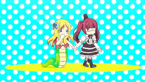 two anime girls are holding hands on a blue polka dot background .