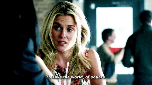a woman in a floral dress says to save the world of course .