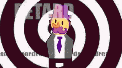 a cartoon character in a suit and tie is surrounded by a hypnotic spiral and the word retard is visible