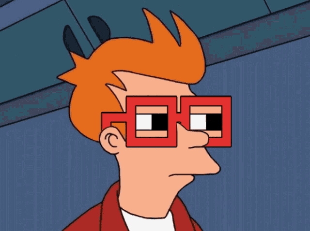 fry from futurama wears a pair of red square glasses
