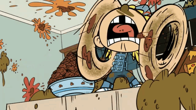 a cartoon of a boy with a dirty face and a bowl of cereal