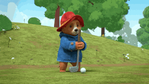 a cartoon bear is holding a golf club and a ball