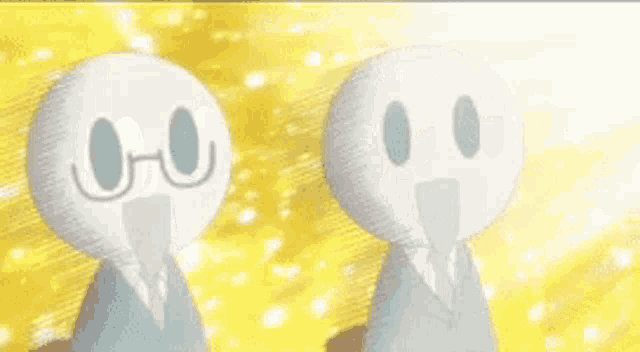 two cartoon characters with glasses on their faces are standing next to each other in front of a yellow background .