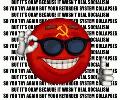 a red ball with a hammer and sickle on it is smiling