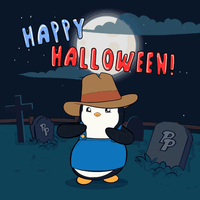 a penguin in a cowboy hat is standing in a cemetery with the words happy halloween behind him