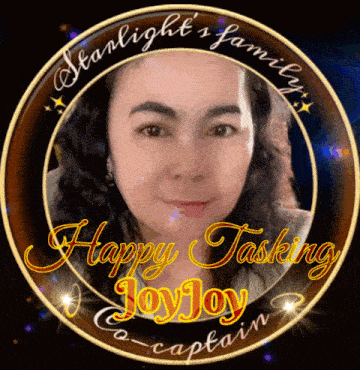 a picture of a woman in a circle with the words happy tasking joy joy co-captain