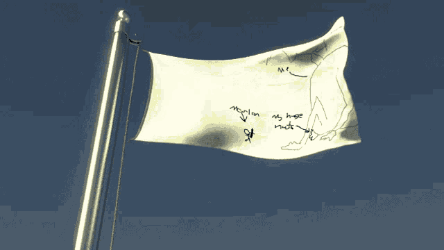 a white flag is flying in the wind with a drawing of a person on it