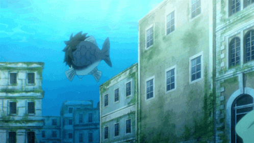 a fish is swimming in the water in front of buildings