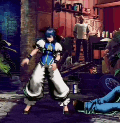 a video game character is dancing in front of a garage