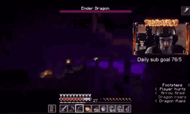 a man is playing a video game called ender dragon and has a daily sub goal of 76 / 5