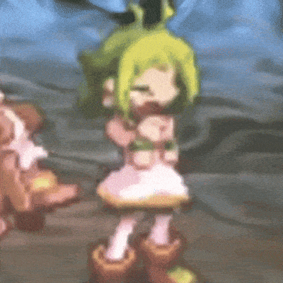 a cartoon girl with green hair and a pink dress is standing in the dirt .