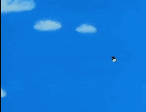 a couple of cartoon characters are flying through the air .
