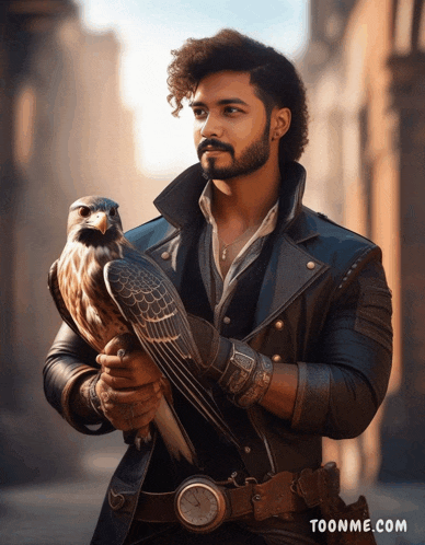 a man holding a bird with the website toonme.com in the bottom right corner