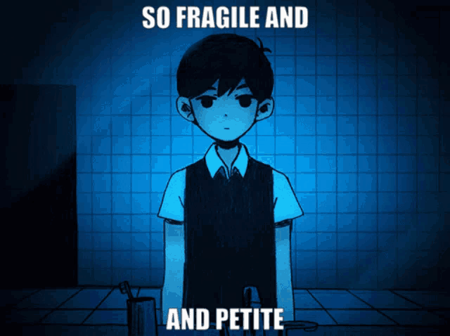 a cartoon of a boy in a bathroom with the words so fragile and and petite