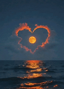 a heart shaped moon is surrounded by clouds over a body of water