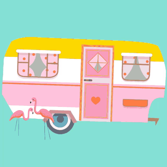 two flamingos are standing in front of a pink camper