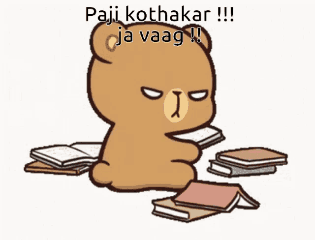 a cartoon of a teddy bear sitting on a pile of books with the words " paji kothakar ja vaag "