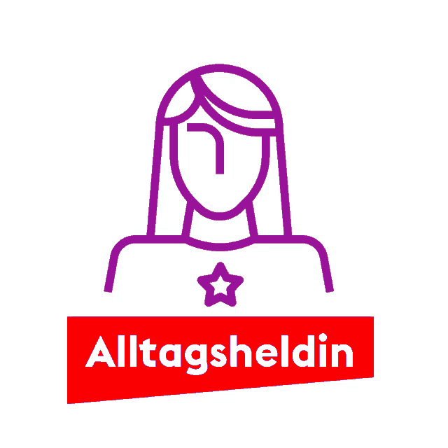 a purple icon of a woman with a star on her chest and the words alltagsheldin below it