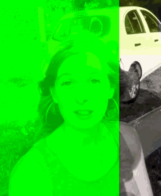 a woman is standing in front of a white car with a green background behind her