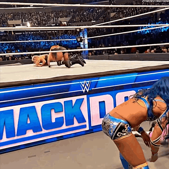 two women are wrestling in a wrestling ring in front of a sign that says mackdown