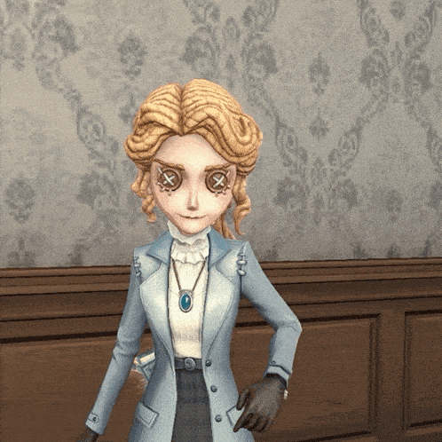 a cartoon girl with crossed eyes and a blue necklace