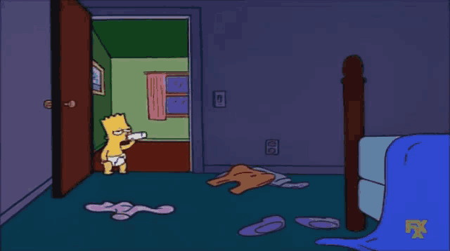 a cartoon of bart simpson holding a bottle in a room