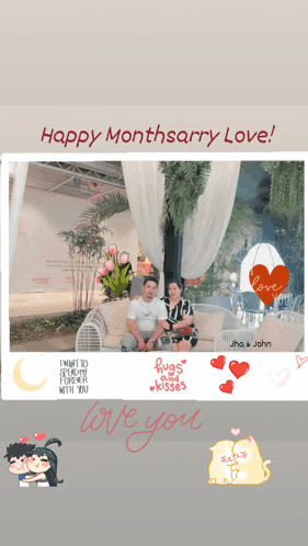 a happy month sarry love card with a picture of a man and woman sitting on a couch