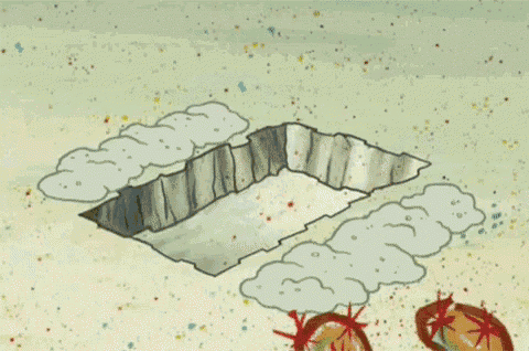 a cartoon of spongebob squarepants holding a hammer and a box on the beach .