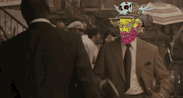 a man in a suit has a skull and a beard on his face