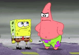 spongebob and patrick are standing next to each other with their arms crossed