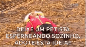 a baby is laying on the ground in a pile of leaves with a caption in portuguese .