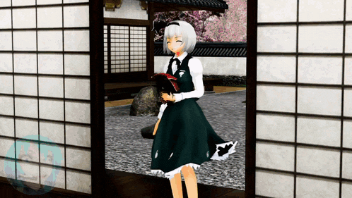 a girl in a green dress is standing in a room