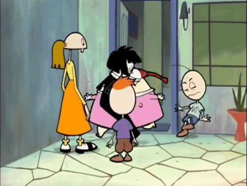 a group of cartoon characters standing in front of a doorway