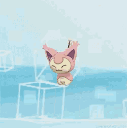 a pink cat with purple ears is flying in the air on a blue background