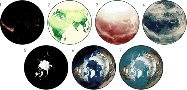 a series of images of the earth with numbers 1 through 7 on them