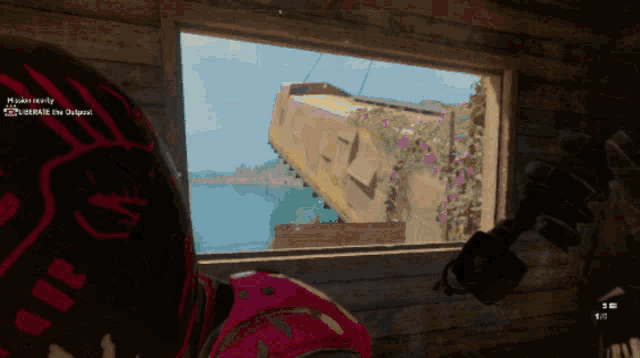 a person in a video game looking out a window that says mission successful