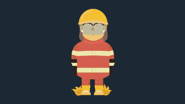 a fireman wearing a yellow helmet and glasses is standing in front of a fire
