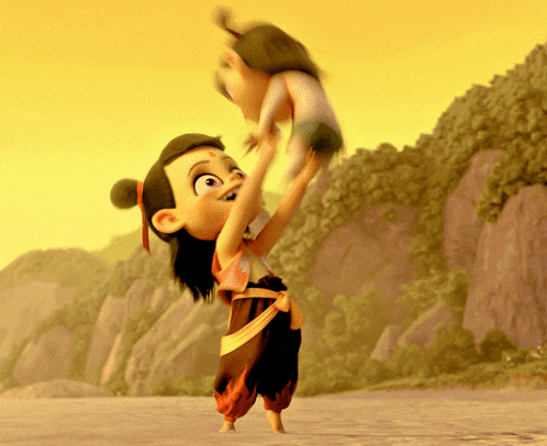 a cartoon girl is holding a doll in her hands