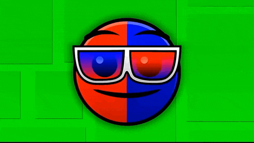 a red and blue smiley face with 3d glasses on a green background