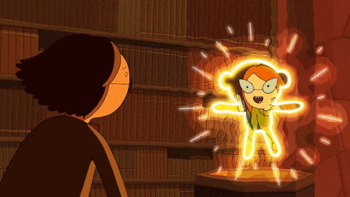 a cartoon of a person looking at a glowing figure