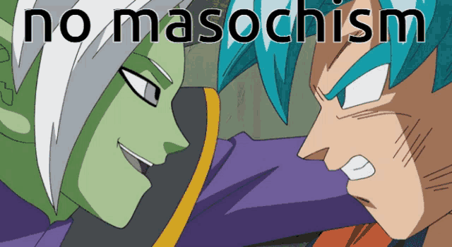 a picture of two anime characters with the words no masochism in the corner