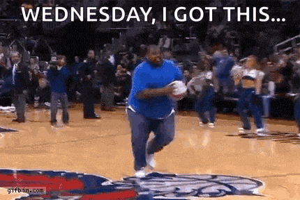 a man is running on a basketball court with the words `` wednesday , i got this ... '' behind him .
