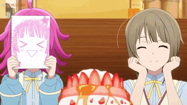 two anime girls holding a drawing of a girl behind their faces