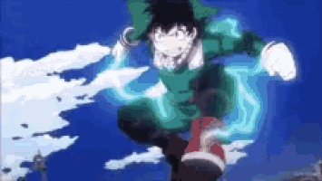 a cartoon character is jumping in the air with a lightning bolt coming out of his chest .